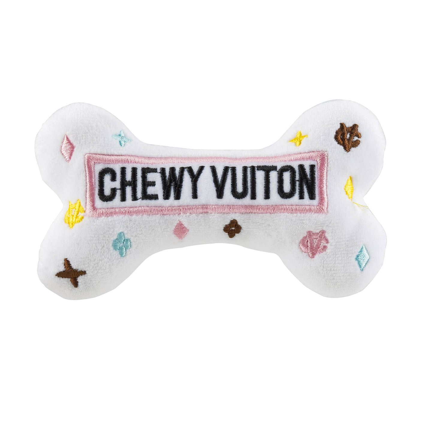 Chewy Vuitton Bones Squeaker Dog Toy- White