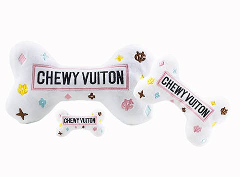 Chewy Vuitton Bones Squeaker Dog Toy- White