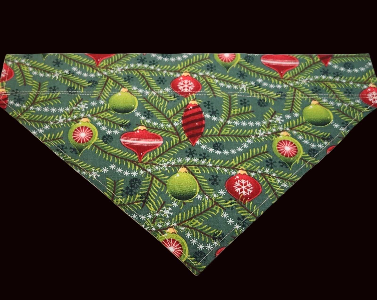 Christmas-themed bandana with green trees, red ornaments, and white snowflakes on a green background.